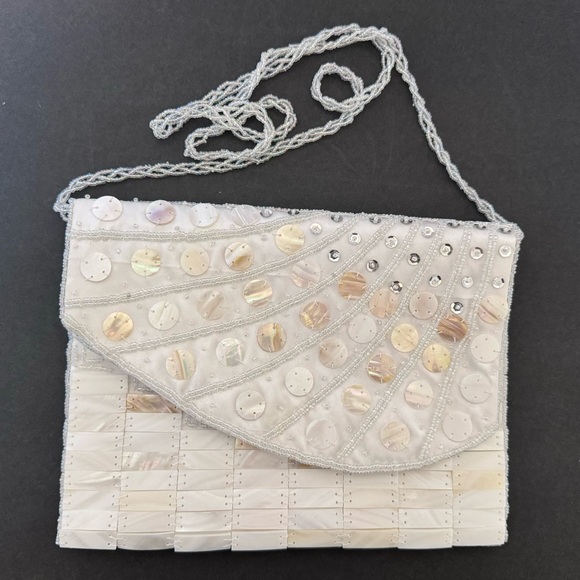 Mad by Design Mother of Pearl Beads Sequins Clutch or Handled White Spun Silk - Picture 7 of 13